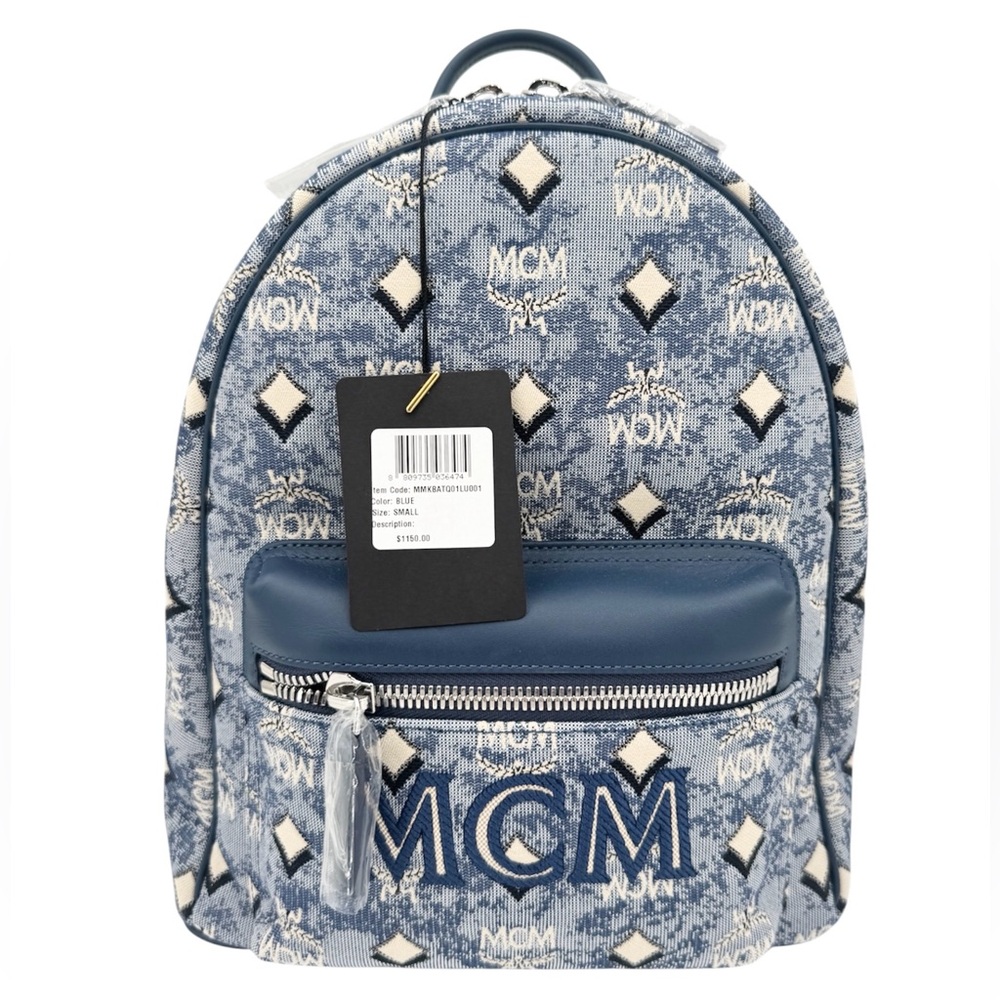 MCM New With Tags Logo Monogrammed Jacquard & Leather Blue Backpack